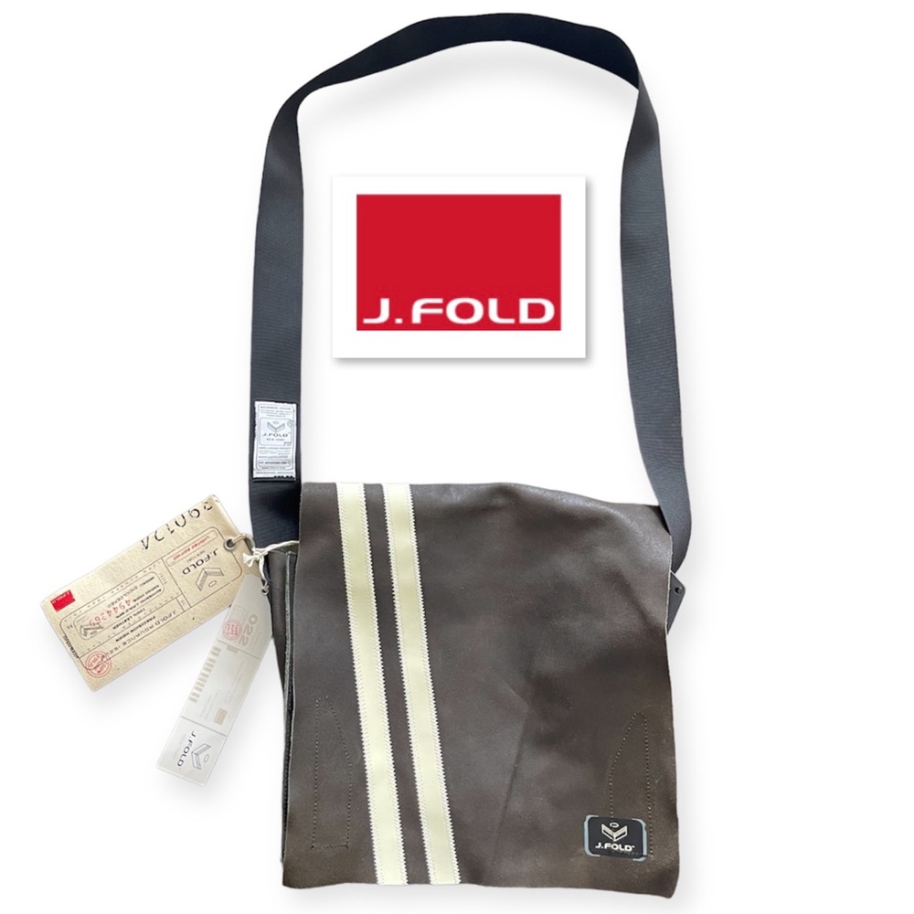 NWT J.FOLD Men’s Messenger Bag SHOULDERED Brown Leather Crossbody White Stripe - Picture 2 of 16